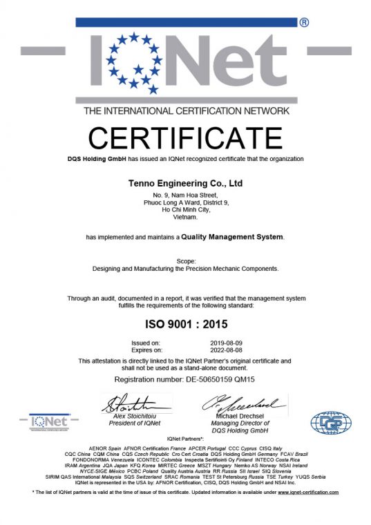 ISO 9001 : 2015 Certificate IQNet partner