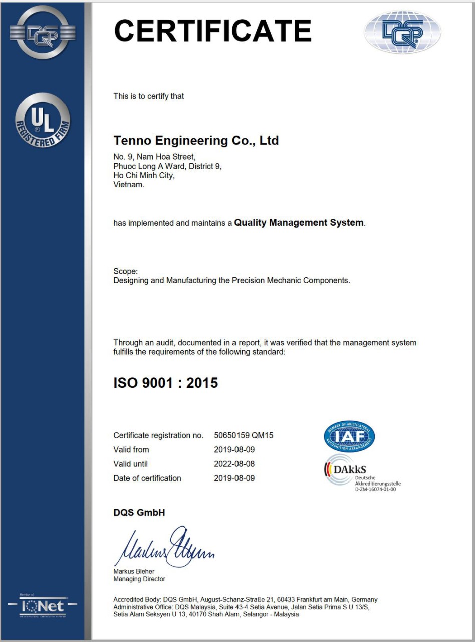 ISO 9001 : 2015 Certificate for Tenno Engineering Co., Ltd.